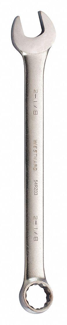 WESTWARD Combination Wrench: Alloy Steel, Satin, 2 1/8 in Head Size, 26 3/8 in Overall Lg, Offset (MPN 54RZ03). Key specifications — attr309539: 2-1/8 in; attr309567: No; attr324930: WESTWARD.