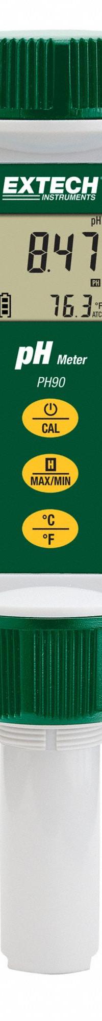 EXTECH pH Meter: pH, Meter, (2) 3V CR-2032 Button Batteries, Reagents Sold Separately (MPN PH90). Key specifications — pH Accuracy: ±0.01 pH ±1 Digit; Temp Compensation: Automatic; Measurement Components Included: Meter; Reagents and Solutions Included: Reagents Sold Separately; Test Parameters: pH; Other Accessories Included: (2) 3V CR-2032 Button Batteries; Manufacturer Part Number: PH90.