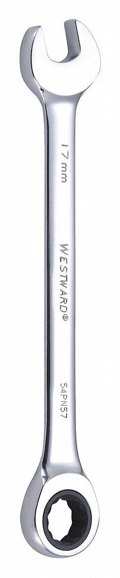 WESTWARD Combination Wrench: Alloy Steel, Chrome, 17 mm Head Size, 8 7/8 in Overall Lg, Std (MPN 54PN57). Key specifications — attr309600: 17 mm; attr309611: Chrome; attr309610: Alloy Steel; attr309604: No; attr309612: No; attr309613: No; attr309615: No; attr324932: WESTWARD.