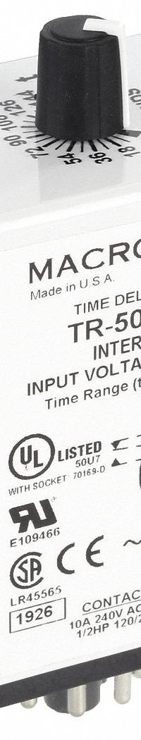 MACROMATIC Single Function Time Delay Relay: Socket Mounted, 24V AC/DC, 10 A, 8 Pins/Terminals (MPN TR-50528-10). Key specifications — Brand: MACROMATIC.