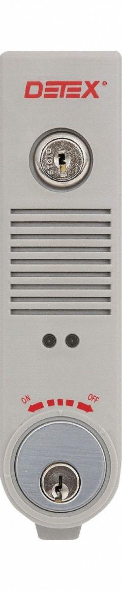 DETEX Exit Door Alarm: 9 V DC, Mortise, Gray, Plastic, Horn, 100 dB Sound Level (MPN EAX-300 GRAY W-CYL). Key specifications — Power Source: Battery; Brand: DETEX; Cylinder Type: Mortise; Sound Type: Horn; Alarm Body Color: Gray; Alarm Body Material: Plastic.