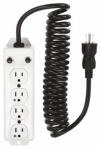 TRIPP LITE Outlet Strip: 4 Outlets, 10 ft Cord Lg, 15 A Current, UL 1363A, White, 5-15P, 2 1/2 in Wd (MPN PS-410-HGOEMCC). Key specifications — Brand: TRIPP LITE; Mounting Style: Keyhole.