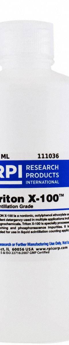 RPI Triton X-100 (Scintillation Grade): Scintillation, 500 mL Volume, 9002-93-1, Liquid (MPN 111036). Key specifications — attr1082023: RPI; attr1096259: 9002-93-1; attr1096263: Lab; attr1096278: Liquid.