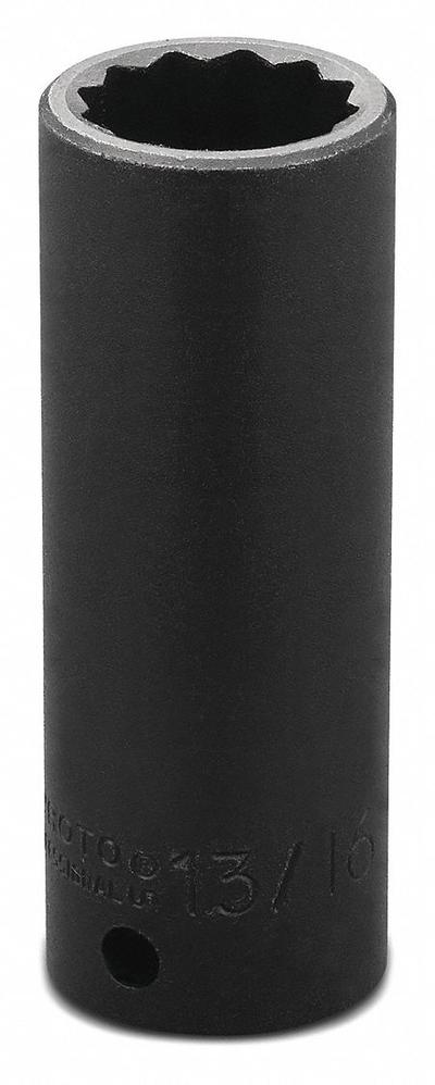 PROTO Impact Socket: 1/2 in Drive Size, SAE, 13/16 in Socket Size, 12-Point, Deep - 1/2" Drive Impact Sockets