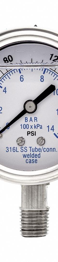 PIC GAUGES Pressure Gauge with Diaphragm Seal: 0 psi to 200 psi, 301L/5JJJ, 2 1/2 in Dial, Glycerin (MPN 301L254G/5JJJA00). Key specifications — Brand: PIC GAUGES; Gauge Case Liquid: Glycerin; Seal Fill Liquid: Glycerin; Seal Lower Housing Material: 316 Stainless Steel; Accuracy: ±2-1-2%; Gauge Wetted Parts: Stainless Steel.