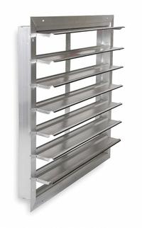 57"H-W 5 1/4"L Aluminum Backdraft Damper: For 54 in Fan, Double Panel, 57 in H, 57 in W, 3 in D (MPN 3HHP1). Key specifications — Airflow Direction: Horizontal; Blade Type: Flat Blade; Brand: DAYTON; Maximum Air Velocity: 2500 fpm; Mounting Position: Vertical.