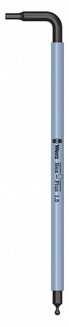 WERA Hex Key: 1 Ball Ends, 1.5 mm Tip Size, Metric, Long, Alloy Steel, Black Oxide, L, 2 Tips (MPN 05022600001). Key specifications — attr1205521: WERA; attr1205526: Black Oxide.
