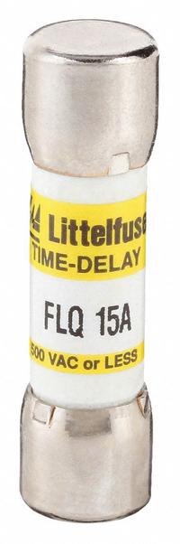 LITTELFUSE Fuse: FLQ Series, Midget, Time-Delay, 15 A, 500 V AC, 300 V DC, 13/32 in x 1 1/2 in (MPN FLQ015). Key specifications — Series: FLQ; Brand: LITTELFUSE.