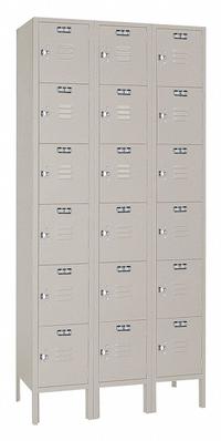 LYON Wardrobe Locker: 36 in x 12 in x 78 in, 6 Tiers, 3 Units Wide, Louvered, Padlock Hasp, Gray (MPN 7GC53323SU). Key specifications — Locker Color: Medium Gray; Door Type: Louvered; Includes Number Plates: No; Brand: LYON; Assembled: Assembled; Color Family: Gray.