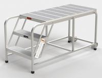 APPROVED VENDOR Mobile Work Platform: 2.5 ft Platform Ht - Max, 24 in x 49 in, Aluminum (MPN A006). Key specifications — Folding: Not Foldable; Mobility: Rolling; Use Location: Indoor; Brand: APPROVED VENDOR; Color: Silver; Height Adjustability: Fixed Height; Includes Handrails: Handrails Not Included; Locking Mechanism: No Locking Mechanism.