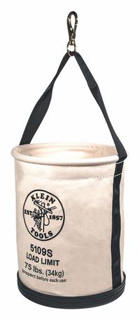 KLEIN TOOLS Bucket Bag: 15 in H, Off-White, Canvas, 0 Pockets, Open Top (MPN 5109S). Key specifications — attr1118525: KLEIN TOOLS; attr1125037: Off-White; attr1118507: Single Handle With Snap Hook; attr1125041: Canvas; attr1203718: Yes.