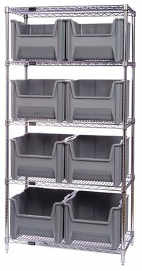 QUANTUM STORAGE SYSTEMS Bin Shelving: 42 in x 18 in x 74 in, 1 Sided, 8 Bins, Open, Blue, 5 Shelves (MPN WR5-700BL). Key specifications — Includes Bins: Yes; Bin Material: Polypropylene; Frame Color: Gray; Bin HxWxD: (8) 12-7/16 in x 19-7/8 in x 15-1/4 in; Frame Material: Steel; Bin Color: Blue; Bin Style: Hang and Stack; Brand: QUANTUM STORAGE SYSTEMS.