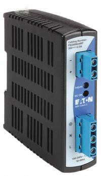 EATON DC Power Supply: DIN Rail, 60 W Output Power - Rated, 2.5 A Current - Output, Single Phase (MPN PSG60N24RP). Key specifications — attr1044898: Single; attr1044874: Plastic; attr1044879: 100 to 240V AC; attr211400: EATON.