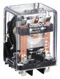 OMRON General Purpose Relay: Socket Mounted, 10 A Current Rating, 24V AC, DPDT, 8 Pins/Terminals (MPN MJN2C-N-AC24). Key specifications — Brand: OMRON; Base Type: Square; Mounting Style: Plug-In; Pin Shape: Flat; Electrical Connection: Quick-Connect; Manufacturer Part Number: MJN2C-N-AC24; Series: MJN Series.