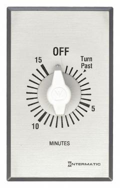 INTERMATIC Spring-Wound Timer: 15 min Max, SPST, 120/277V AC, Wall Plate Included, Silver (MPN FF15MC). Key specifications — Brand: INTERMATIC; Includes Hold: No Hold Included.