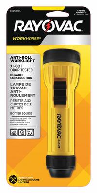 RAYOVAC Flashlight: 20 lm, 55 hr Run Time at Max. Brightness, 32 m Max Beam, 1 Light Output, Yellow (MPN WHH2D-BA). Key specifications — Brand: RAYOVAC; Battery Requirements - Broad: Includes 2 D.