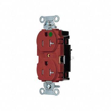 HUBBELL Receptacle: Hospital Grade, Duplex, 5-20R, Red, 125V AC, 20 A - General Purpose Receptacles