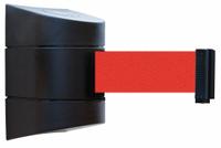 TENSABARRIER Retractable Belt Barrier: Fixed Mounting Plate, 15 ft Belt Lg, Pattern, Red, No Legend (MPN 897-15-S-33-NO-R5X-C). Key specifications — Frame Color: Black; Brand: TENSABARRIER; Belt Color: Red.