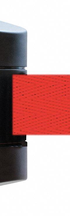 TENSABARRIER Retractable Belt Barrier: Fixed Mounting Plate, 15 ft Belt Lg, Pattern, Red, No Legend (MPN 897-15-S-33-NO-R5X-C). Key specifications — Frame Color: Black; Brand: TENSABARRIER; Belt Color: Red.