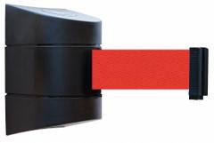 TENSABARRIER Retractable Belt Barrier: Fixed Mounting Plate, 15 ft Belt Lg, Pattern, Red, No Legend (MPN 897-15-S-33-NO-R5X-C). Key specifications — Frame Color: Black; Brand: TENSABARRIER; Belt Color: Red.