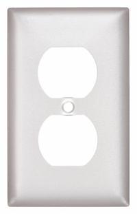 HUBBELL Wall Plate: Duplex Outlet, 1 Gang, Silver, Std Size (MPN SA8). Key specifications — Brand: HUBBELL; Material: Aluminum.