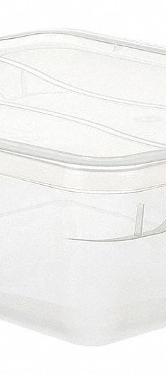 RUBBERMAID Storage Tote: 4 gal, 18 3/4 in x 13 3/8 in x 6 5/8 in, Clear Body, Clear Lid, Clear (MPN RMCC160000). Key specifications — attr1188666: Plastic; attr1188671: Rounded; attr1188675: Clear; attr1188676: Clear; attr1188687: RUBBERMAID; attr1188688: Not NSF Certified; attr1188689: Nesting Capable.