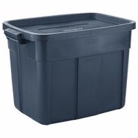 RUBBERMAID Storage Tote: 18 gal, 23 7/8 in x 16 3/8 in x 17 1/2 in, Dark Blue/Metallic Body, Blue (MPN RMRT180000). Key specifications — Material: Plastic; Edge/Corner Design: Rounded; Body Color: Dark Blue/Metallic; Lid Color: Dark Blue/Metallic; Brand: RUBBERMAID; NSF Certified: Not NSF Certified; Nestable: Nesting Capable.