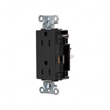 HUBBELL Receptacle: Decorator Duplex, 5-15, Black, 125V AC, 15 A, 2 Pole / 3 Wire (MPN DR15STBK) - General Purpose Receptacles