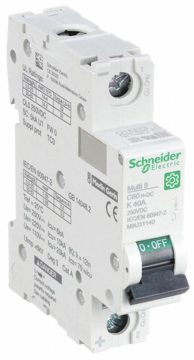 SCHNEIDER Supplementary Protector: 40 A Amps, 250V DC, 5kA at 250V DC, Screw Clamp - DC-Only Rated, 1-Pole UL1077 DIN Rail-Mount Supplementary Protectors