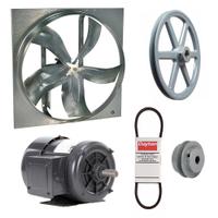 Exhaust Fan with Drive Package: Belt Drive, 36 in Blade, 3/4 hp, 14,223 cfm, 208-230/460V AC, 3 ph (MPN 7M808). Key specifications — Frame Finish: Zinc Plated; Assembled: Unassembled; Brand: DAYTON; Nameplate Voltage: 208-230/460V AC; Frame Material: Steel; Guard Type: None; Motor Type: 3-Phase; Motor Insulation: Class B.