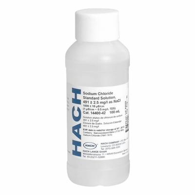 HACH Sodium Chloride Standard Solution: 100 mL Volume, Liquid, 491 mg/L, Solution - Ion Specific Standards
