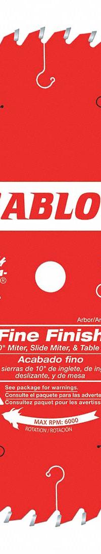 DIABLO Circular Saw Blade: 10 in Blade Dia., 60 Teeth, 0.1 in Cut Wd, 5/8 in Arbor Size, Finishing (MPN D1060X). Key specifications — attr1116119: DIABLO; attr1145631: Wood.