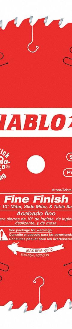 DIABLO Circular Saw Blade: 10 in Blade Dia., 60 Teeth, 0.1 in Cut Wd, 5/8 in Arbor Size, Finishing (MPN D1060X). Key specifications — attr1116119: DIABLO; attr1145631: Wood.