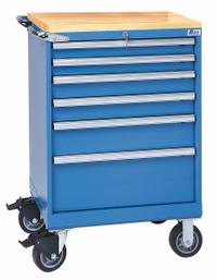LISTA Modular Drawer Cabinet: 28 1/4 in x 22 1/2 in x 43 1/4 in, 6 Drawers, Tubular, Adj Dividers (MPN ST07-0505AB-MBKABB). Key specifications — Cabinet Color: Bright Blue; Frame Assembled: Assembled; Base Type: Casters; Drawer Inside Height: (1) 3 in; Drawer HxWxD: (1) 9 in x 24 in x 18 in; Work Surface Material: Butcher Block; Drawer Handle Type: Tubular; Cabinet Material: Steel.