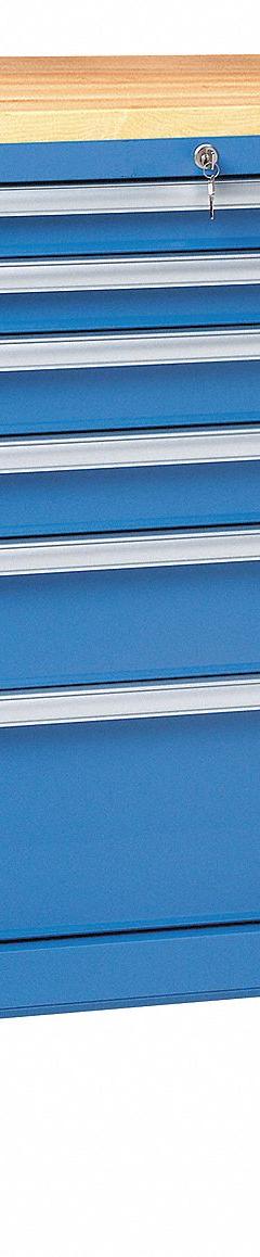 LISTA Modular Drawer Cabinet: 28 1/4 in x 22 1/2 in x 43 1/4 in, 6 Drawers, Tubular, Adj Dividers (MPN ST07-0505AB-MBKABB). Key specifications — Cabinet Color: Bright Blue; Frame Assembled: Assembled; Base Type: Casters; Drawer Inside Height: (1) 3 in; Drawer HxWxD: (1) 9 in x 24 in x 18 in; Work Surface Material: Butcher Block; Drawer Handle Type: Tubular; Cabinet Material: Steel.
