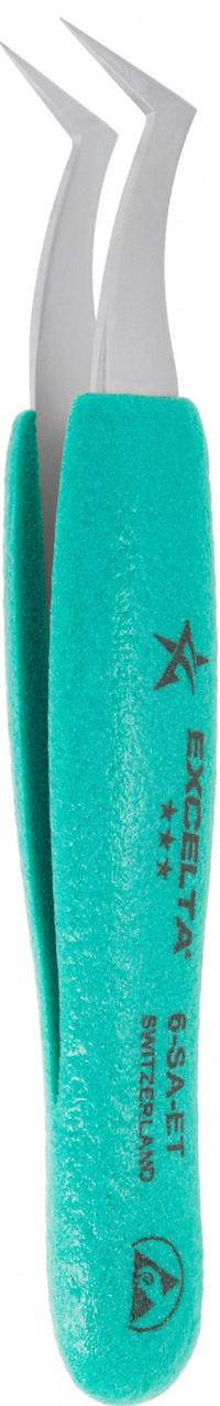 EXCELTA Tweezers: Flat, Bent Tip, 0.004 in Tip Thick (MPN 6-SA-ET). Key specifications — attr1002345: EXCELTA; attr1002348: Stainless Steel; attr1002361: 7-SA; attr1024781: Ergonomic.