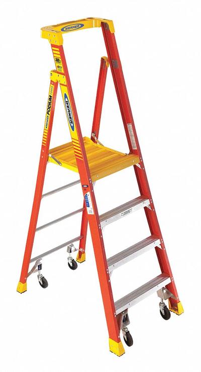 WERNER Podium Stepladder: 6 ft Ladder Size, Fiberglass, 300 lb Load Capacity - Rolling Podium Stepladders