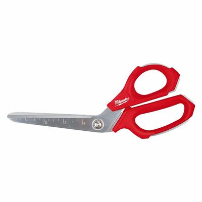 MILWAUKEE Scissors: Ambidextrous, 9 1/4 in Overall Lg, Serrated, Metal, Pointed, Chrome - Offset Plastic-Handle Scissors