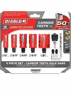DIABLO Hole Saw Set: 9 Pieces, 2 3/8 in Max. Cutting Dp, Carbide Tipped, 1 in to 2 in Saw Size Range (MPN DHS09SGPCT). Key specifications — attr1098172: DIABLO.