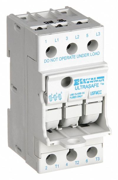 MERSEN Fuse Block: Finger-Safe, 3 Pole, 600 V AC, DIN Rail Mounting - UL Class CC Fuse Blocks