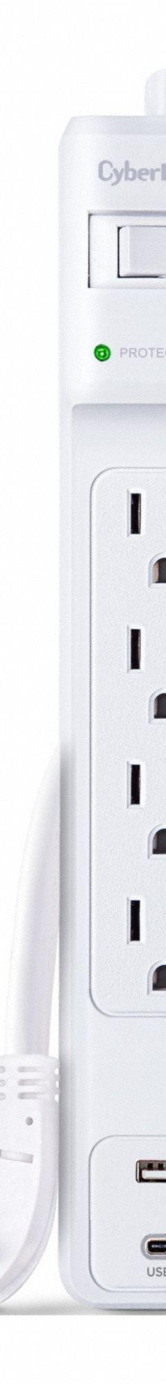 CYBER POWER Outlet Strip: 4 Outlets, 3 ft Cord Lg, 600 J Rated Energy, 15 A Current, UL 1449, White (MPN P403UC15). Key specifications — Brand: CYBER POWER; Mounting Style: Keyhole.