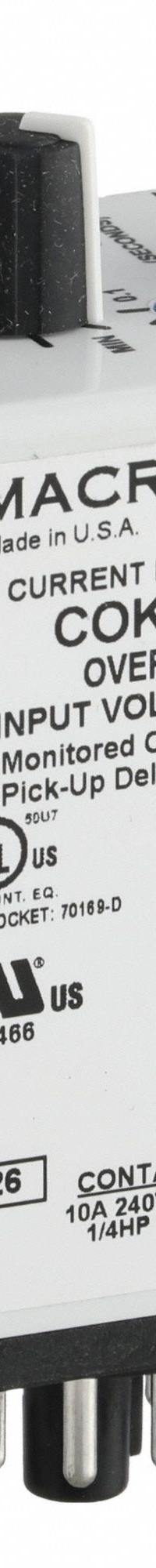 MACROMATIC Monitor Relay: Socket Mounted, 10 A Current Rating, 120V AC, Overcurrent, Pin (MPN COKP10A62-G). Key specifications — Series: COKP Series; Electrical Connection: Pin; Monitored Parameters: Overcurrent; Mounting Style: Plug-In; Trip Point: 1 to 10 A; Trip Point Type: Adjustable; Brand: MACROMATIC.
