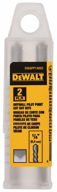 DEWALT Cut-Out Bit: High Speed Steel, 1/4 in Drill Bit Dia, 1 11/16 in Cutting Dp, 2 PK (MPN DWAPP14002). Key specifications — attr1254788: DEWALT; attr1254791: High Speed Steel; attr1254800: Drywall.