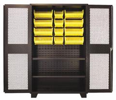 JAMCO Bin Cabinet: 48 in x 24 in 78 in, 2 Shelves, 12 Bins, Yellow, Ventilated, 14 ga Panel, Black (MPN DH248BL). Key specifications — Bin Color: Yellow; Bin HxWxD: (4) 7 in x 8-1/4 in x 11 in; Assembled: Assembled; Cabinet Style: Shelf and Bin; Brand: JAMCO; Cabinet Color: Black; Cabinet Finish: Powder Coated; Cabinet Material: Steel.