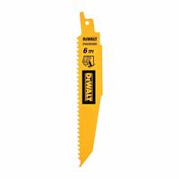 DEWALT Reciprocating Saw Blade: 6 Teeth per Inch, 6 in Blade Lg, 0.06 in Blade Thick, Bi-Metal, 5 PK (MPN DWAR6066). Key specifications — attr1109198: 6; attr1109200: Rigid for Straight Cuts; attr1109201: Tapered; attr1109209: DEWALT.