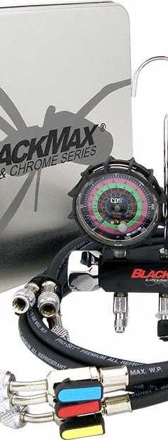BLACKMAX Manifold Gauge Set: 2 Valves, 3 Hoses, 3 1/8 in Gauge, For R-134A/R-22/R-404A/R-410A (MPN MBH4P5EZ). Key specifications — Hose Connection Type: SAE; Product Type: Manifold Gauge Set; For Refrigerant Type: R-134A; Brand: BLACKMAX; Includes: Carrying Case; Gauge Boots: Yes; Sight Glass: No.