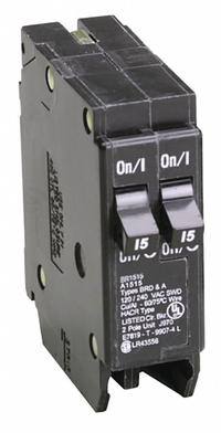 EATON Circuit Breaker: 15 A, 120/240V AC, Single Phase, 10kA at 120/240V AC, Type BR Loadcenters (MPN BR1515). Key specifications — Amps: 15 A; AC Voltage Rating: 120/240V AC; Phase: Single; Max. AIR Rating: 10kA at 120/240V AC; Circuit Breaker Type: Tandem; For Use With: Type BR Loadcenters; Brand: EATON.