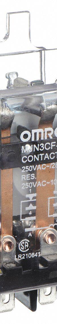 OMRON Flange Mount Relay: Surface (Side Flange) Mounted, 30 A Current Rating, 12V DC, 3PDT (MPN MJN3CF-DC12). Key specifications — Brand: OMRON; Base Type: Octal; Mounting Style: Side Flange; Electrical Connection: Quick-Connect Terminal; Manufacturer Part Number: MJN3CF-DC12; Operating Current: 3 A at 600V AC (Inductive Load); Series: MJN Series.