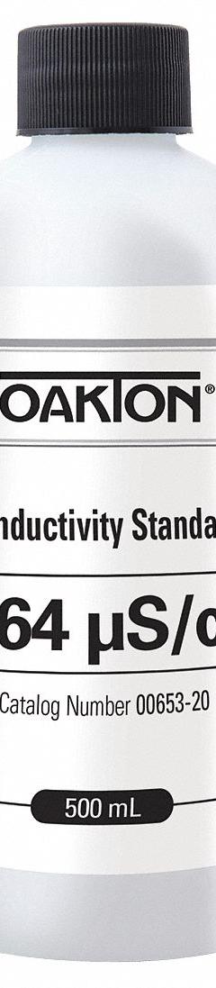 OAKTON Conductivity Calibration Solution: ACS, 500 mL Volume, Liquid, 2,764microsiemens, Plastic, 1 (MPN WD-00653-20). Key specifications — Brand: OAKTON; CAS Number: 7732-18-5; Chemical Family Type: Solution; Chemical Grade: ACS; Concentration: 2,764microsiemens; Container Material: Plastic; Container Type: Bottle; Form: Liquid.