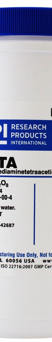 RPI EDTA (Ethylenediaminetetraacetic Acid): 500 g Volume, ACS, BSE/TSE Free, Powder, Plastic (MPN E58100-500.0). Key specifications — Form: Powder; Special Information: BSE/TSE Free; Brand: RPI; Chemical Grade: ACS; Container Material: Plastic.